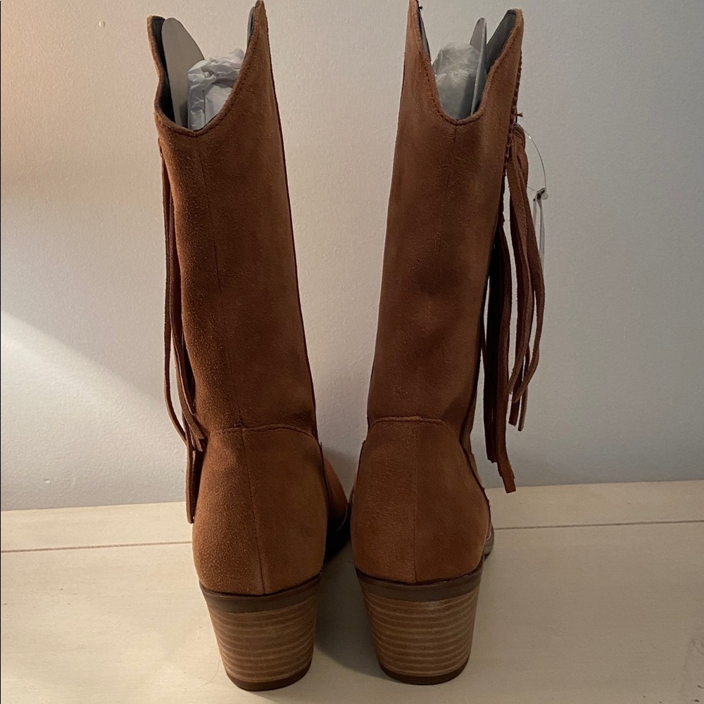 Dingo Western Cabincore Suede Fringe Mid Calf Cowboy Boot Tan - Picture 8 of 11